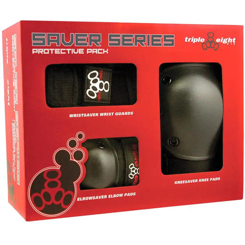 Packaging of All In One Saver Series Pad Set With Kneesavers Elbowsavers And Wristsavers For Kids And Adults in red box