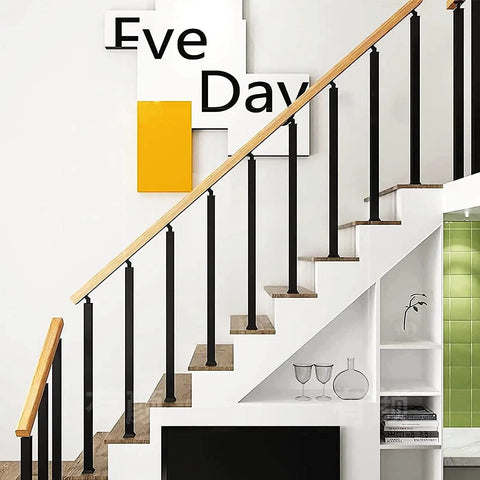 Rock Solid Black Wrought Iron Stair Railing Posts With Pre Drilled Mounting Holes For Backyard Decks And Entryways Slick Modern Balusters That Look Sharp Standing Tall In Pack Of Twenty on stylish staircase.