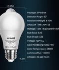 Indoor Motion Sensor Light Bulb A19 E26 13W Equal To 100W Daylight 5800K Dusk To Dawn Security Night Light With PIR Motion Detector No Fuss Auto On When Motion Is Detected Easy Install 5 Pack, white bulb front view