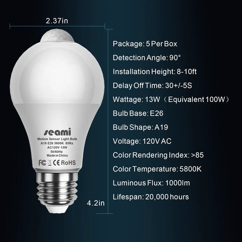 Indoor Motion Sensor Light Bulb A19 E26 13W Equal To 100W Daylight 5800K Dusk To Dawn Security Night Light With PIR Motion Detector No Fuss Auto On When Motion Is Detected Easy Install 5 Pack, white bulb front view