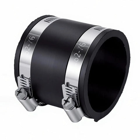 Heavy Duty 2.5 Inch Dust Collection Fittings With Slick Quick Connect Coupler And Tough Steel Port Receivers Two Pack Hose Adapter Kit For Drum Sander Planer Table Saw Shop Dust Management System close-up of a black hose connector with stainless steel clamps.