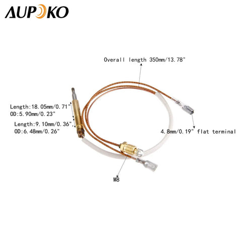 Aupoko thermocouple patio heater replacement, 350 mm overall length, flat 4.8 mm terminal and M8 nut.