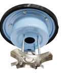 Bottom view of Badass Pneumatic Shop Vacuum Workhorse showing stainless steel fan and blue drum for powerful suction.