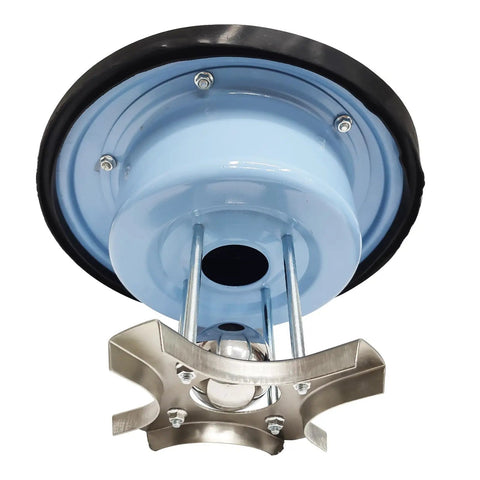 Bottom view of Badass Pneumatic Shop Vacuum Workhorse showing stainless steel fan and blue drum for powerful suction.