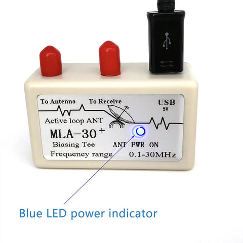 Biasing tee for Beefed-Up Loop Active Receiving Antenna For 0.5 To 30 MHz Shortwave Radios showing blue LED indicator