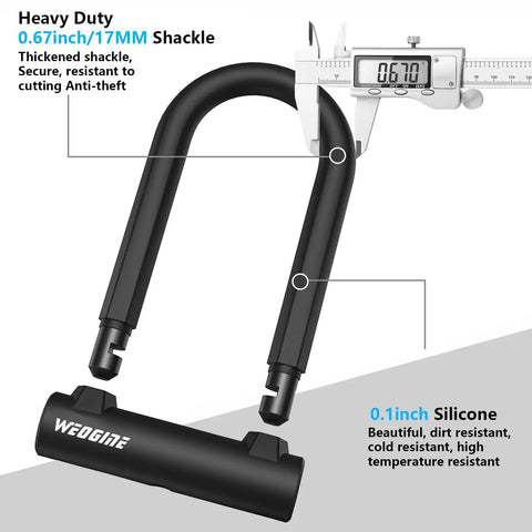 Heavy Duty Bike U Lock With 5 Foot Security Cable And 17mm Shackle, silicone coated, close-up of shackle with measurements