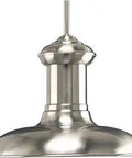 Coastal LED Pendant Light With Spun Metal Shade, Dimmable Outdoor Rated Brushed Nickel, Vintage Train Station Vibe, stem-hung pendant