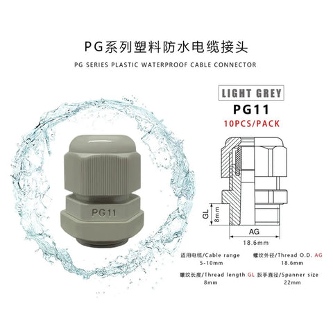 Cable Gland Kit 10 Pack PG11 5 To 10mm Grey Waterproof Heavy Duty Adjustable Cable Connector with dimensions and specs.