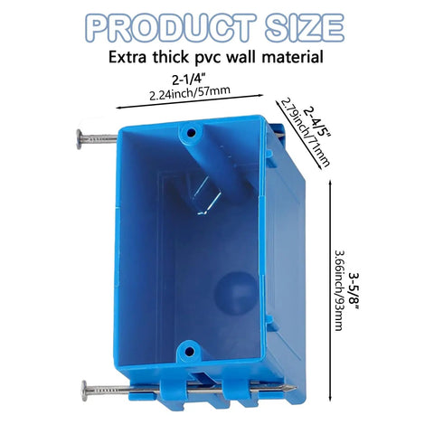 10 Pack 1-Gang PVC New Work Outlet Box In Blue With 18 Cu In Capacity, showing detailed measurements and material thickness