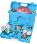 Open blue carrying case showing Portable Oxygen Acetylene Gas Welding Kit with Cutting Torch, Regulators, Gauges, Nozzles, and Hose.