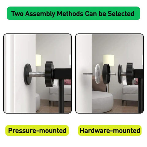 Two assembly methods for Walk Through Baby Gate With Auto Close And Tension, white metal safety gate for stairs and doorways.