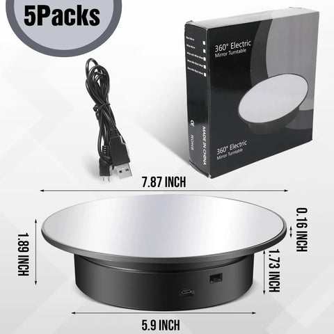 Smooth 7.87 Inch Motorized Rotating Display Stand With Sleek Mirror Surface showcasing the USB cable and packaging.