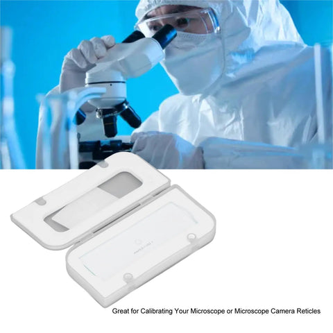 Micrometer High Precision 0.01mm Calibration Slide With Four Scales For Lab And School Use Optical Glass 75x25x1mm That Plays Nice With Microscopes Up To 400x Magnification, shown in case