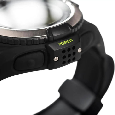 Close-up of One Plus Freediving Watch Style Wrist Computer, black sensor detail, for freediving and spearfishing use.