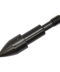 Close-up of a Top Notch Screw-In Archery Arrow Bullet Point, steel, precision machined, made in USA, for cardboard and foam targets.