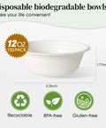Heavy Duty 12 Oz Disposable Paper Bowls, 150 Pack, Biodegradable Compostable Sugarcane Bagasse with recyclable icons