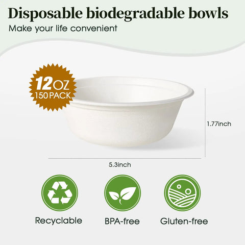 Heavy Duty 12 Oz Disposable Paper Bowls, 150 Pack, Biodegradable Compostable Sugarcane Bagasse with recyclable icons