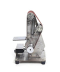 Compact Mini Electric Belt Sander And Polisher For Wood And Metal showing stainless steel desktop design with sanding belt.