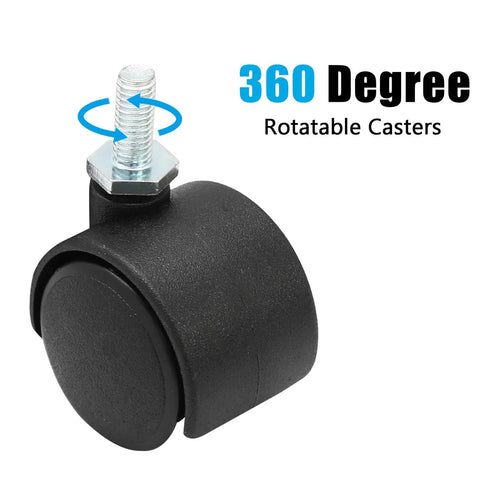 Close-up of a black nylon swivel caster wheel with M6 threaded stem, labeled 360-degree rotation. Part of 4 Pack 1 Inch Swivel Caster Wheels With M6 Threaded Stem Heavy Duty Nylon For Furniture Tables Cabinets Shelves.