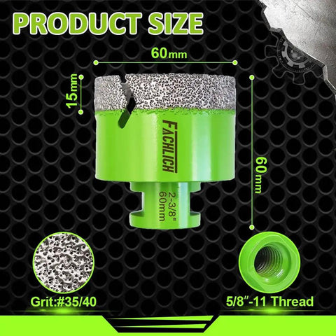60mm Vacuum Brazed Diamond Hole Saw For Porcelain Tile Marble Granite Concrete Dry And Wet Drilling With Five Eighths Inch Thread Ideal For Ceramics Hard Floor Tiles And Natural Stone Tough As Nails Performance Cutting