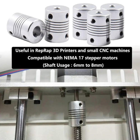 5 Pack Flexible Aluminum Couplings 6mm To 8mm For NEMA 17 Stepper Motors, RepRap 3D Printers And CNC Machines on display