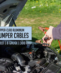 Copper-clad aluminum jumper cables, 12 ft, 8-gauge, 300 A, in car engine bay with clamps