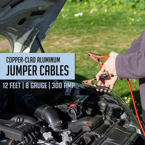 Copper-clad aluminum jumper cables, 12 ft, 8-gauge, 300 A, in car engine bay with clamps