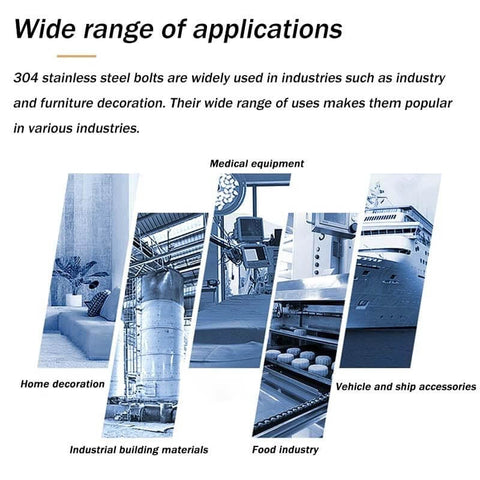 Collage showing applications of 304 stainless steel bolts in home decoration, industrial materials, medical equipment, food industry, and vehicles.