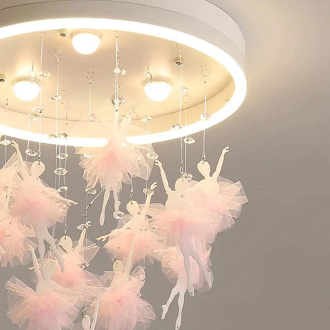 Fairy LED Ceiling Light With Romantic Glow, Stepless Dimming, And Remote Control Chandelier with pink ballerina décor.