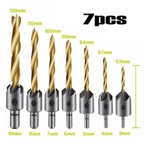 Amazon 7-piece titanium-coated HSS countersunk drill bit set, 3–10 mm, with hex wrench