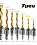 7-piece titanium-coated HSS countersunk drill bit set with round shanks and hex drive for woodworking, sizes 3–10 mm.