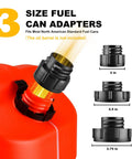 3 size fuel can adapters for hassle free cordless fuel transfer pump compatible with DeWalt and Milwaukee batteries.