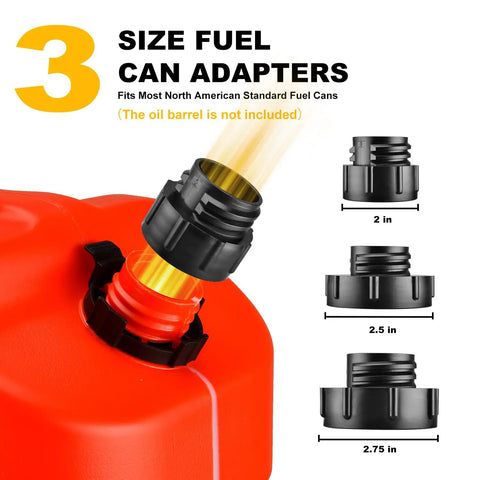 3 size fuel can adapters for hassle free cordless fuel transfer pump compatible with DeWalt and Milwaukee batteries.