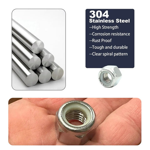 Close-up of 304 stainless steel nut from 130-Piece SAE Lock Nut Set Stainless Steel 304 A2-70 Includes 6-32 8-32 10-24 10-32 1/4-20 5/16-18 3/8-16 1/2-13 Lock Nuts For Gearheads Garage DIY Projects And Heavy-Duty Machinery, highlighting corrosion resistance and durability features.