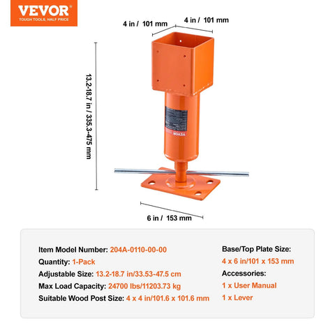 Front view of orange VEVOR screw jack post with 4x4 in base plate and lever; height 13.2–18.7 in