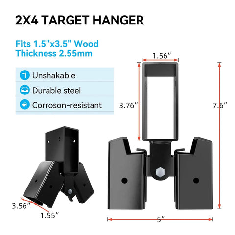 Beefy Heavy Duty 2x4 Target Stand Brackets For AR500 Targets Hanger Saw Horse Brackets For 2x4 Wood Adjustable A Frame Leg Base Steel 2 Pack Built For Quick Tool Free Setup, showing dimensions and materials.