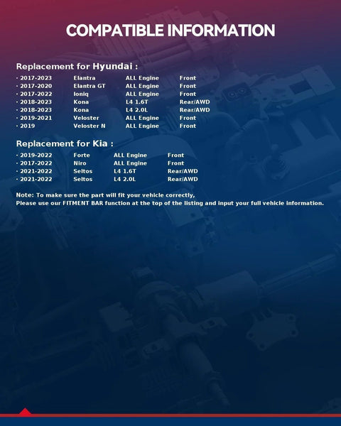 Compatibility chart for Beefed Up Front Wheel Bearing And Hub Assembly 2 Piece Set with Hyundai and Kia models listed
