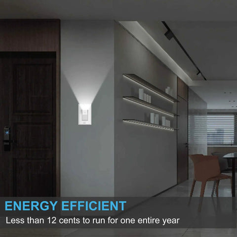 4 Pack Illuminated Light Switch With LED Night Light, Auto On/Off Sensor, Single Pole, 15A, 120/277V, White installed in hallway.