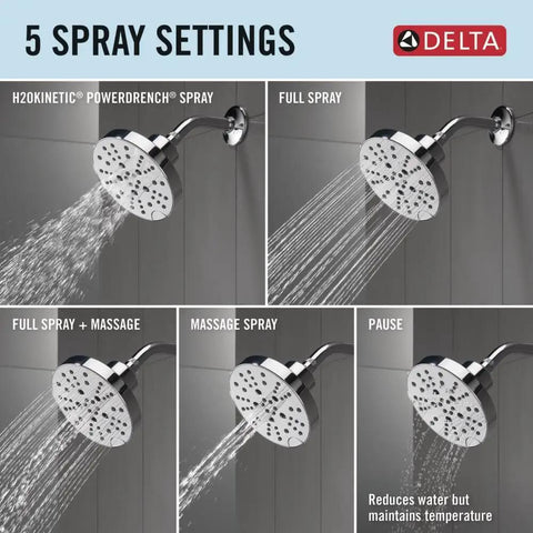 Nicoli 14 Series H2Okinetic Shower Faucet Set Chrome with 5-spray settings demonstrating different water flow patterns.