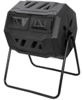 43 Gallon Dual Chamber Compost Tumbler With 360 Degree Rotating Bin for Easy Spin, black, on metal stand for garden use
