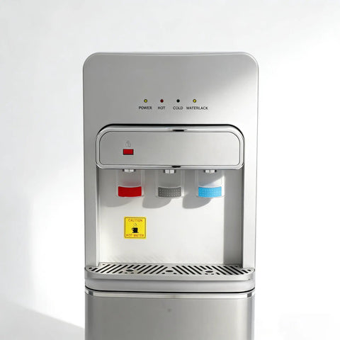 Front view of Bottom Loading Water Cooler Dispenser For 5 Gallon Bottle With Three Temperature Settings Cold Warm And Hot Child Lock Indicator Light No Fuss Easy Bottle Loading Ideal For Home Office Dorms Apartment Silver showing three spouts and indicator lights.