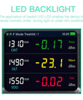 Live PON Optical Power Meter LED display showing 1490 nm, 1550 nm, and 1310 nm testing results for ONT and OLT with pass, warn, fail indicators.