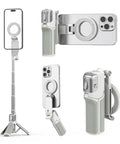 Phone Camera Grip With Selfie Stick Tripod Magnetic Mount And Detachable Wireless Shutter Button for iPhone shown with tripod and grip.