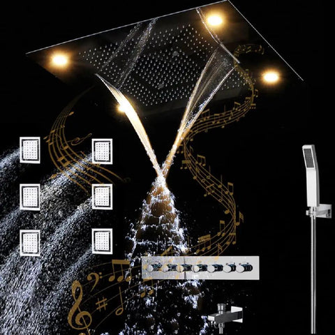 Kick Up Your Bathroom Goals With This Slick Ceiling Mount Rain Shower System Featuring Bright LED Lighting Smart Thermostatic Control And Polished Gold Hardware. Ceiling mount rain shower with LED lights and controls.