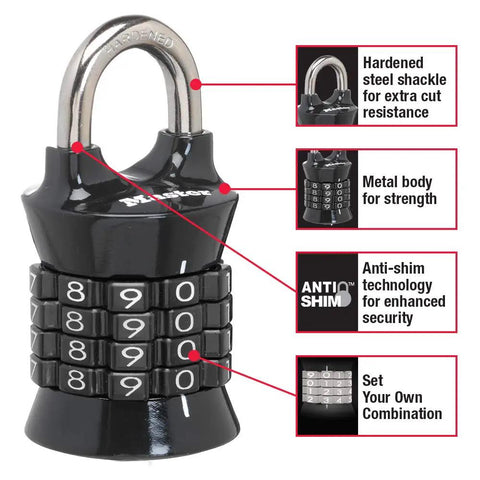 Set Your Own Four Digit Combination Lock For Gym And School Lockers Indoor Padlock With Zinc Body And Easy Recall For Secure Locker Protection Colors May Vary shown with features.