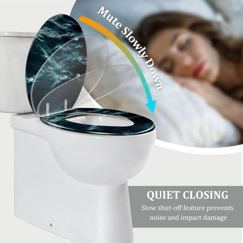 Toilet Seat Elongated Resin for Bathroom in black and blue design with quiet closing feature and adjustable hinges.
