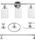 Freya All In One 5 Piece Bathroom Set With Chrome Vanity Light And Frosted Glass Shades Includes Towel Bar Towel Ring Robe Hook