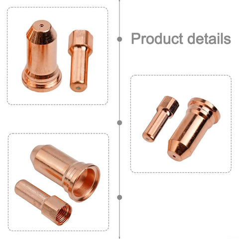 Plasma Cutter Consumables Kit With 1.2mm Electrodes And Nozzle Tips For Plasma Torch Welding Equipment Includes 10 Electrodes And 10 Tips Pro Grade For Heavy Duty Metal Cutting Compatible With 52556 And 51246, showing copper electrodes and tips against white background