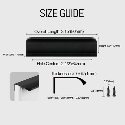 Size guide for 4 Pack Matte Black Adhesive Edge Finger Pull 3 Inch Concealed Kitchen Cabinet Handle Top Mount Flat Cabinet Pulls, showing dimensions.