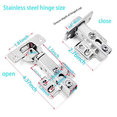 Two Pack 100 Degree Frameless European Style Soft Close Kitchen Cabinet Hinges With Six Way Adjustable Stainless Steel Built In Damping Hydraulic System Full Cover Quiet Soft Close Action Easy To Install Screws Included For Frameless Cabinets showing open and close views with dimensions
